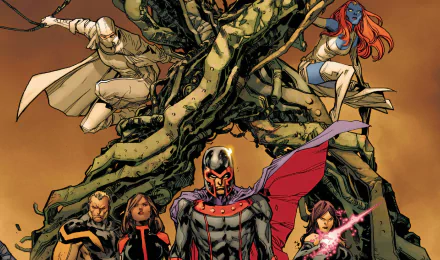 HD PC desktop wallpaper featuring Uncanny X-Men superheroes, including Magneto, showcasing dynamic poses with a large tree in the background in vibrant comic book style.