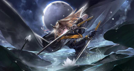 Anime-style HD PC desktop wallpaper from Pixiv Fantasia T features a dynamic warrior with swords, set against a glowing moon and stormy water background.