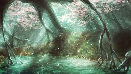 A serene anime forest scene featuring vibrant trees and a tranquil body of water, illuminated by soft light and surrounded by delicate blossoms, designed as a high-definition desktop wallpaper.