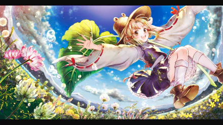 HD desktop wallpaper featuring Suwako Moriya from Touhou, depicted joyfully floating among flowers under a bright blue sky with bubble effects.