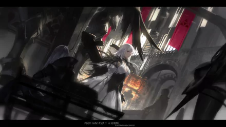 A captivating HD wallpaper featuring a character from Pixiv Fantasia, showcasing long white hair and striking grey eyes, set against a dramatic fantasy backdrop.