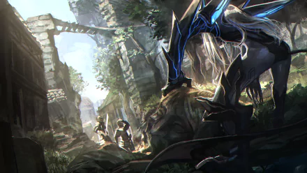 Anime-style HD PC desktop wallpaper featuring a mysterious armored figure overlooking ruins with two small characters exploring below in a dramatic, original fantasy setting.