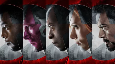 HD wallpaper featuring Vision and other characters from Marvel's Captain America: Civil War, showcasing intense expressions against a striking red background.