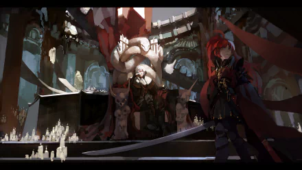 Anime Pixiv Fantasia Fallen Kings 2K Quad HD PC desktop wallpaper: candlelit cathedral throne room, robed ruler on a dais, crimson-haired warrior with sword and flowing banners.