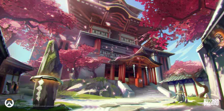 A vibrant HD desktop wallpaper depicting Hanamura from Overwatch, showcasing the stunning architecture and cherry blossoms characteristic of the game's aesthetic.