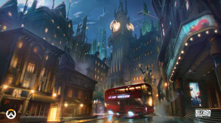 A 4K Ultra HD PC desktop wallpaper of Kings Row from the video game Overwatch, featuring a nighttime cityscape with London-style architecture and a red double-decker bus.