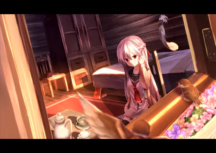 A girl in a school uniform sits at a table with a tea set, smiling at the viewer. Sparrows flutter nearby, and flowers adorn the scene in this serene anime-themed wallpaper.