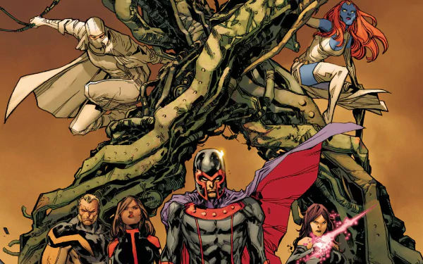 HD PC desktop wallpaper featuring Uncanny X-Men superheroes, including Magneto, showcasing dynamic poses with a large tree in the background in vibrant comic book style.