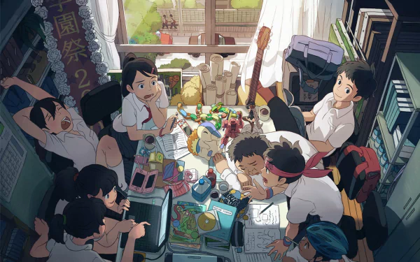HD anime-style PC wallpaper featuring a group of students studying together in a cozy room, with vibrant details and warm sunlight streaming through the window.