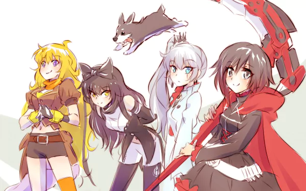 A vibrant HD desktop wallpaper featuring Ruby Rose, Yang Xiao Long, Blake Belladonna, and Weiss Schnee from the anime RWBY, showcasing their dynamic poses and expressions.
