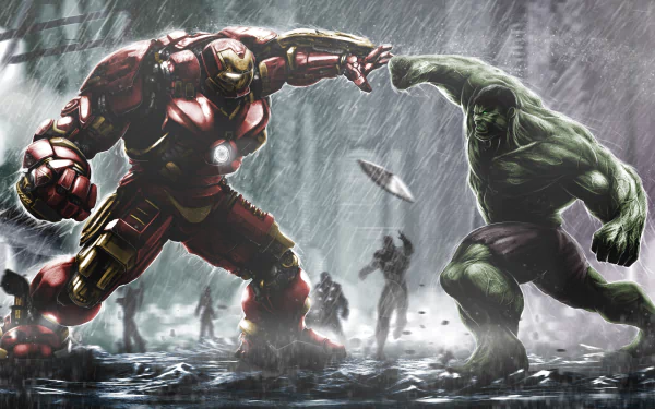Hulkbuster battles Hulk in a dramatic scene from Avengers: Age of Ultron, depicted in stunning 4K Ultra HD, showcasing intense action and cinematic flair.