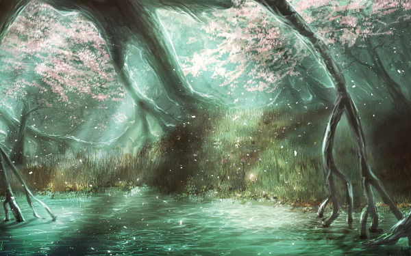A serene anime forest scene featuring vibrant trees and a tranquil body of water, illuminated by soft light and surrounded by delicate blossoms, designed as a high-definition desktop wallpaper.