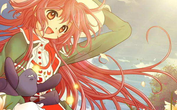 HD PC desktop wallpaper featuring Kobato, a pink long-haired anime girl smiling with flowing hair, clutching a plush rabbit against a soft sky background.