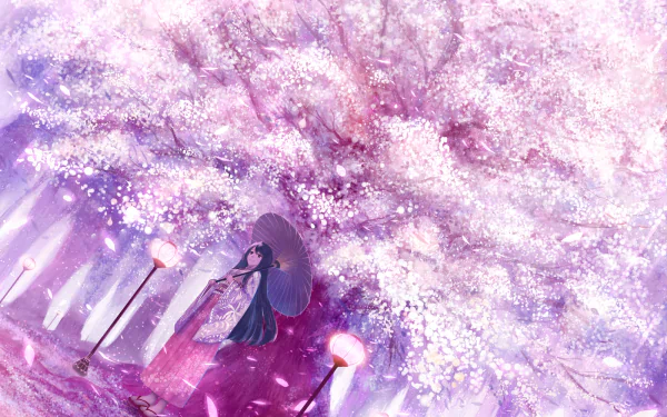 Anime-style HD wallpaper featuring a long-haired girl in a yukata holding an umbrella under cherry blossom trees, softly lit by traditional Japanese lamps.