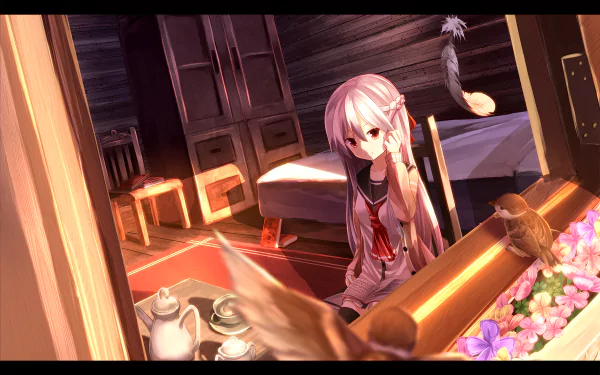 A girl in a school uniform sits at a table with a tea set, smiling at the viewer. Sparrows flutter nearby, and flowers adorn the scene in this serene anime-themed wallpaper.