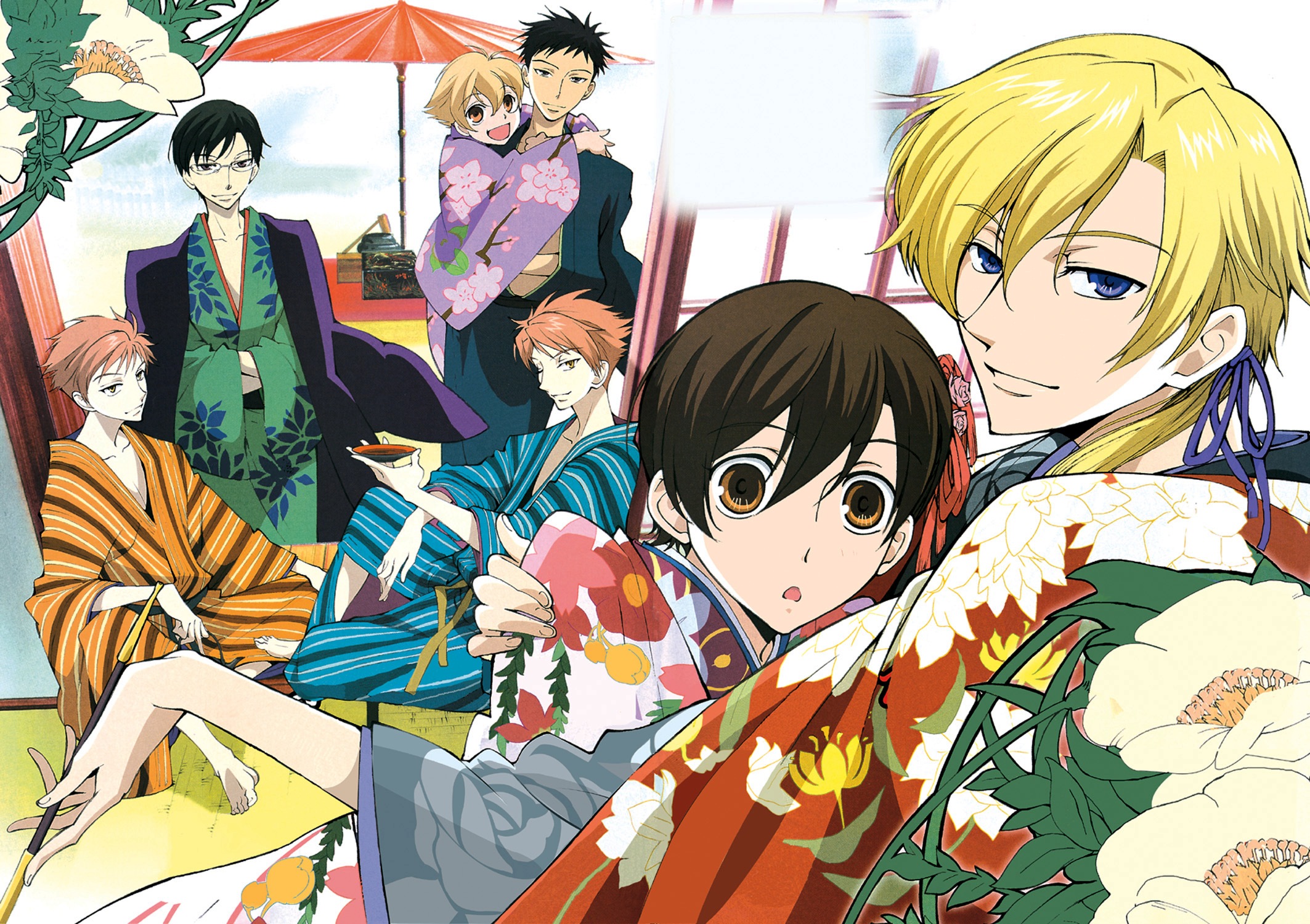 HD desktop wallpaper featuring characters from Ouran High School Host Club in stylish outfits.