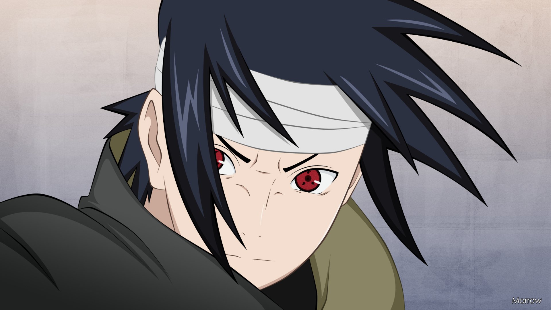 Sasuke Uchiha from the anime Naruto, depicted with intense expression and striking red eyes. This HD wallpaper captures his iconic character in vibrant detail.