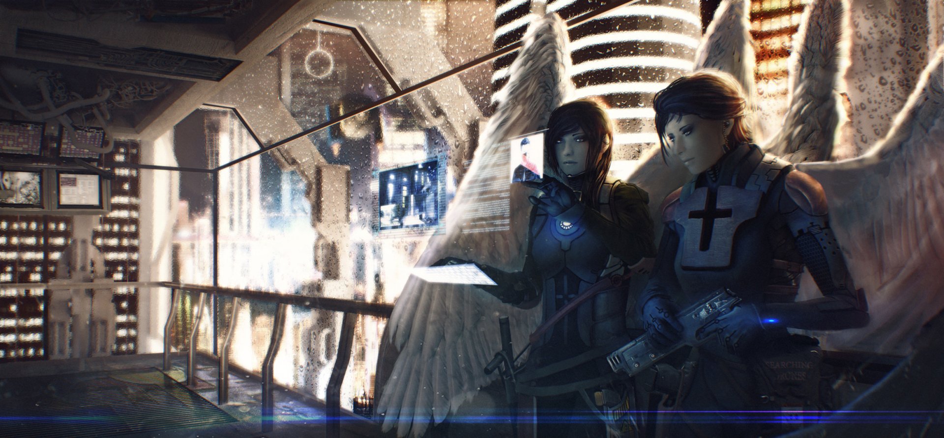 Two angelic woman warriors with wings and futuristic weapons stand in a glowing sci-fi city, captured in a detailed HD desktop wallpaper background.