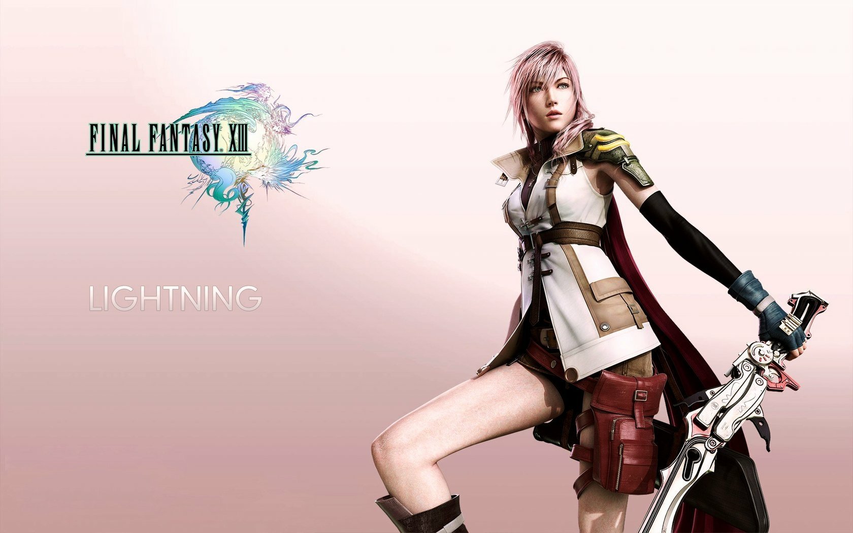 HD PC desktop wallpaper featuring Lightning from the video game Final Fantasy XIII against a soft pink background with the game’s logo.