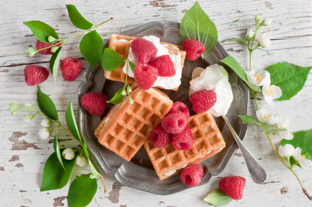 A 4K Ultra HD still life featuring golden waffles topped with cream and fresh raspberries, accented by green leaves and delicate white flowers on a rustic wooden surface.