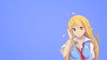 An HD wallpaper featuring Mashiro Shiina from the anime Sakurasou no Pet na Kanojo, set against a soft blue background with delicate cherry blossom petals.