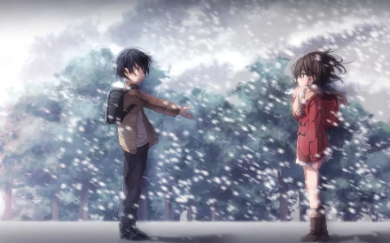 HD wallpaper of Satoru Fujinuma and Kayo Hinazuki from Boku Dake Ga Inai Machi (Erased) anime, standing in a snowy forest. Satoru extends his hand towards Kayo, capturing a poignant moment.