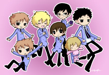 HD desktop wallpaper featuring stylized characters from Ouran High School Host Club on a pink background.
