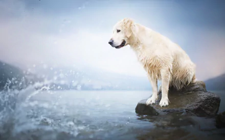 A golden retriever dog sits on a rock near water, with splashes around, captured in a high-definition desktop wallpaper background.