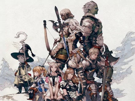 HD PC desktop wallpaper featuring a group of characters from the video game Final Fantasy XIV in detailed fantasy armor and attire.