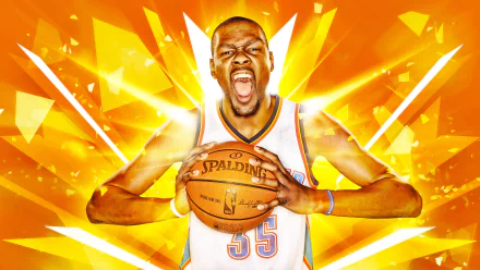 HD desktop wallpaper featuring a vibrant graphic of a basketball player with dynamic yellow shards in the background.