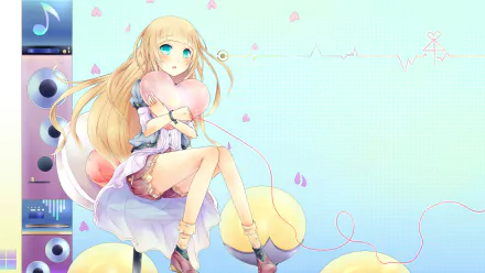 HD anime original desktop wallpaper featuring a blonde girl with blue eyes sitting on yellow balloons against a pastel grid background with heart and heartbeat line accents.