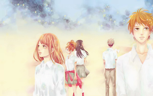 A vibrant anime scene featuring Hiroto Suwa, Saku Hagita, Takako Chino, Azusa Murasaka, and Naho Takamiya, set against an orange-toned HD background filled with stars.