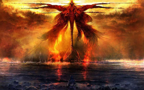 HD PC desktop wallpaper featuring a fiery seraphim from the video game Rift, rising above a smoky, apocalyptic landscape with intense orange and red tones.