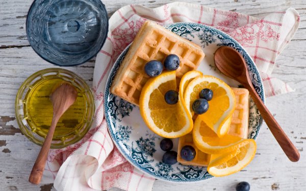 Food Breakfast Waffle orange Blueberry Fruit Still Life HD Wallpaper | Background Image