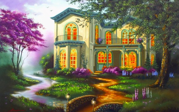 Artistic Painting House Spring Mansion Tree Blossom HD Wallpaper | Background Image