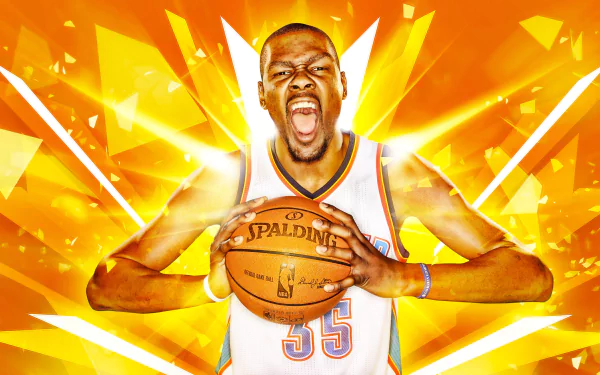HD desktop wallpaper featuring a vibrant graphic of a basketball player with dynamic yellow shards in the background.