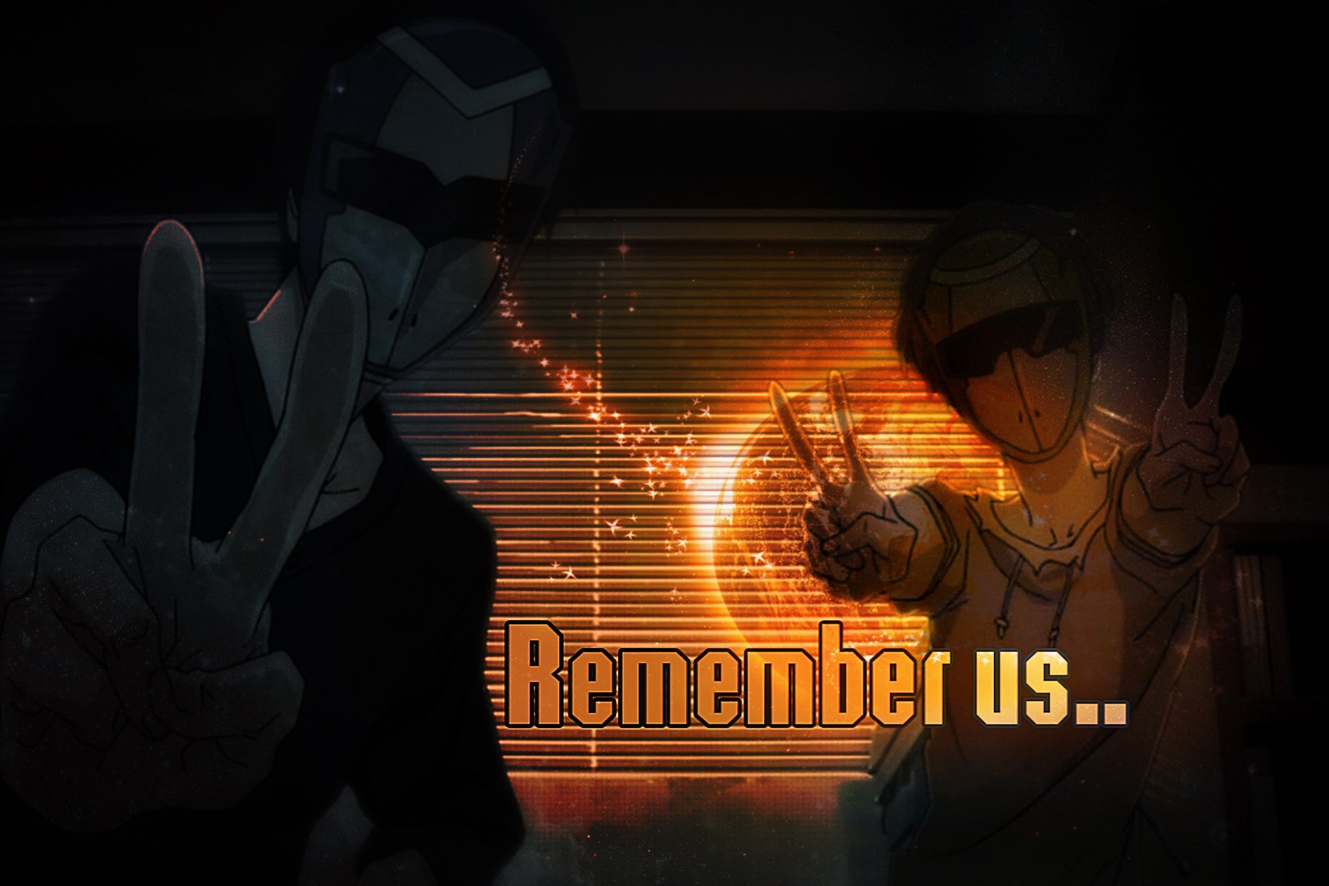 HD desktop wallpaper from the anime Zankyou No Terror, featuring two characters making peace signs against a vibrant, abstract background with the text Remember us...