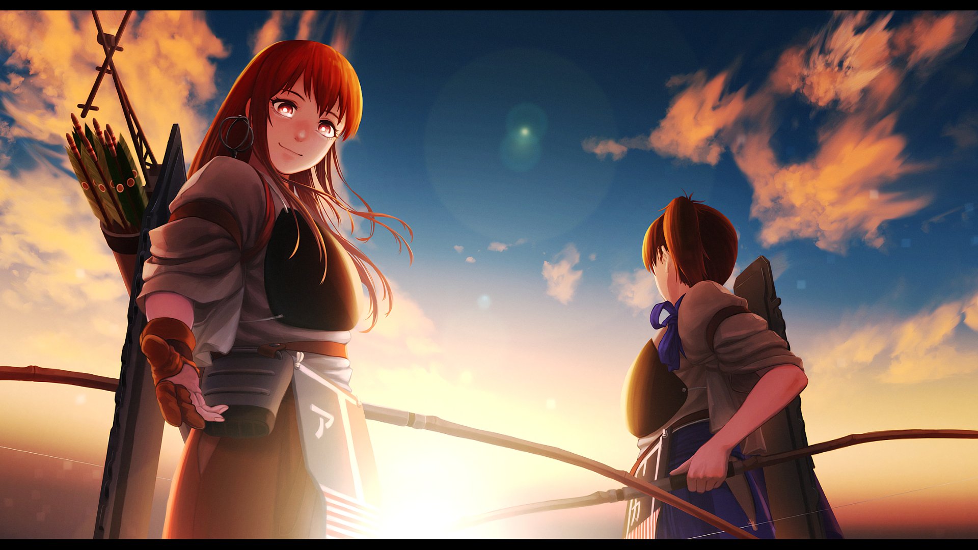 HD PC desktop wallpaper featuring two anime characters from Kantai Collection, set against a vibrant sunset sky with archery gear and dynamic lighting.