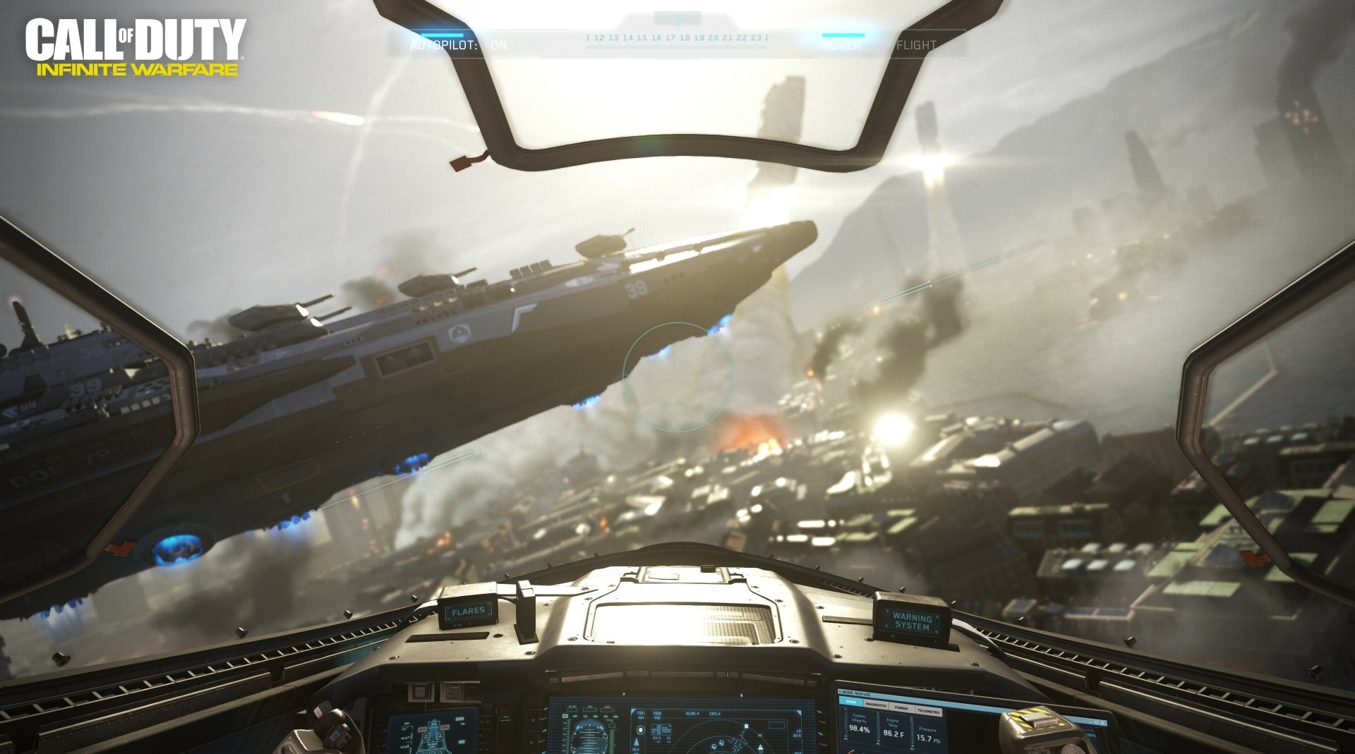HD PC desktop wallpaper featuring an intense aerial battle scene from the video game Call of Duty: Infinite Warfare, viewed from inside a futuristic cockpit.