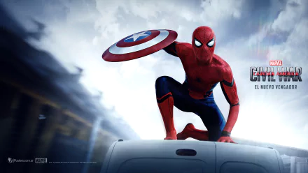 HD desktop wallpaper featuring Spider-Man, portrayed by Tom Holland as Peter Parker, holding Captain America's shield from the movie Captain America: Civil War.
