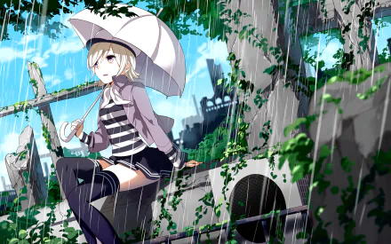 HD PC desktop wallpaper featuring GUMI from Vocaloid, depicted in anime style sitting with an umbrella amid lush greenery and a rainy, atmospheric backdrop.
