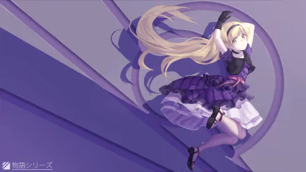A vibrant HD wallpaper featuring Shinobu Oshino from Bakemonogatari, showcasing her iconic style with flowing blonde hair and a striking purple dress against a dynamic background.