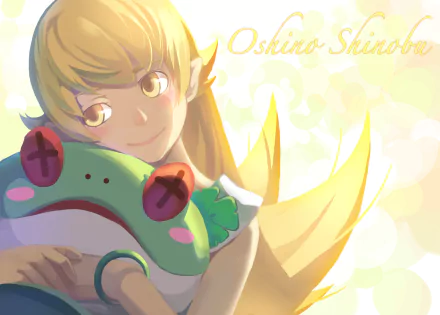 HD PC desktop wallpaper featuring Shinobu Oshino from the Monogatari anime series, showcasing her with bright, warm lighting and a soft, dreamy background.