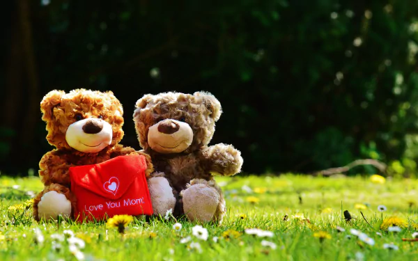Two teddy bear stuffed animals sit on grass, one holding a red heart pillow that says Love You Mom, capturing a loving holiday moment for Mother's Day.