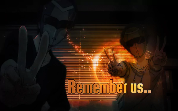 HD desktop wallpaper from the anime Zankyou No Terror, featuring two characters making peace signs against a vibrant, abstract background with the text Remember us...