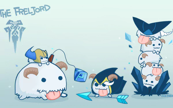 A colorful League of Legends HD wallpaper featuring Poro, Sejuani, Lissandra, and Ashe, set in the Freljord with playful characters and ice-themed elements.