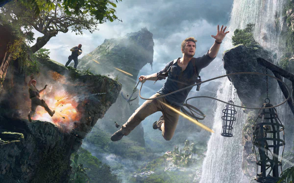 High-definition desktop wallpaper featuring Nathan Drake from the video game Uncharted 4: A Thief's End, showcasing a dynamic scene with Drake swinging over a chasm while engaging in a gunfight.