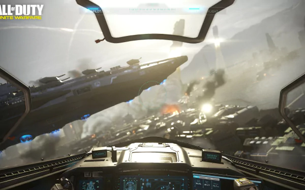 HD PC desktop wallpaper featuring an intense aerial battle scene from the video game Call of Duty: Infinite Warfare, viewed from inside a futuristic cockpit.