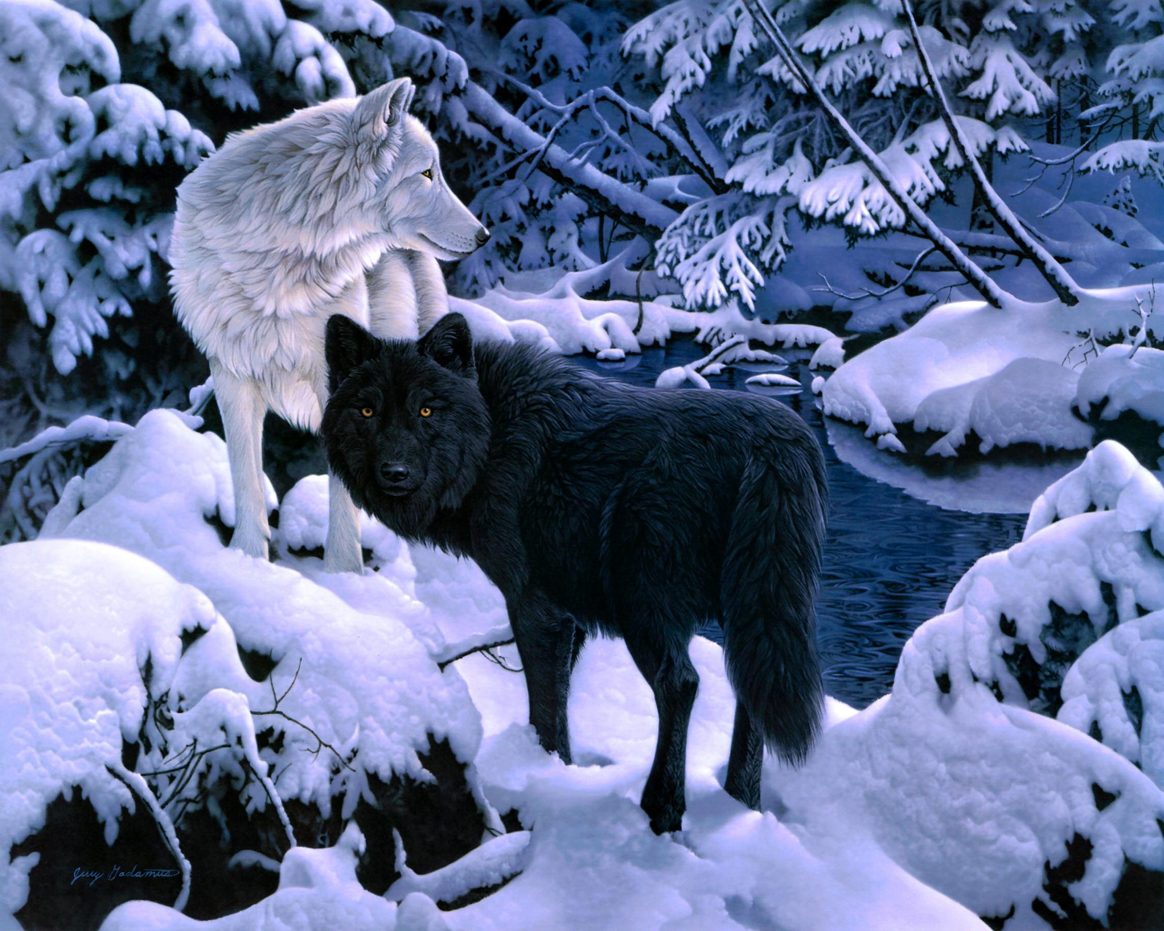 Wolves in Winter Forest by Jerry Gadamus
