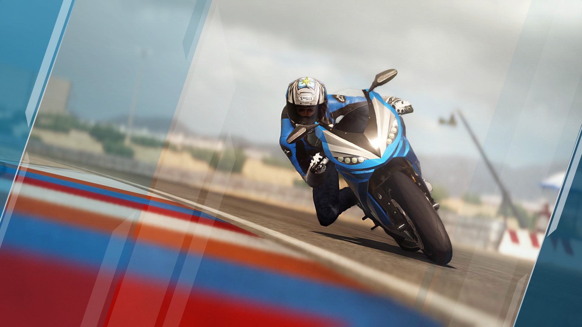 HD PC desktop wallpaper of a video game ride: a helmeted rider leaning a blue sport motorcycle on a racetrack, motion blur and colorful track markings.